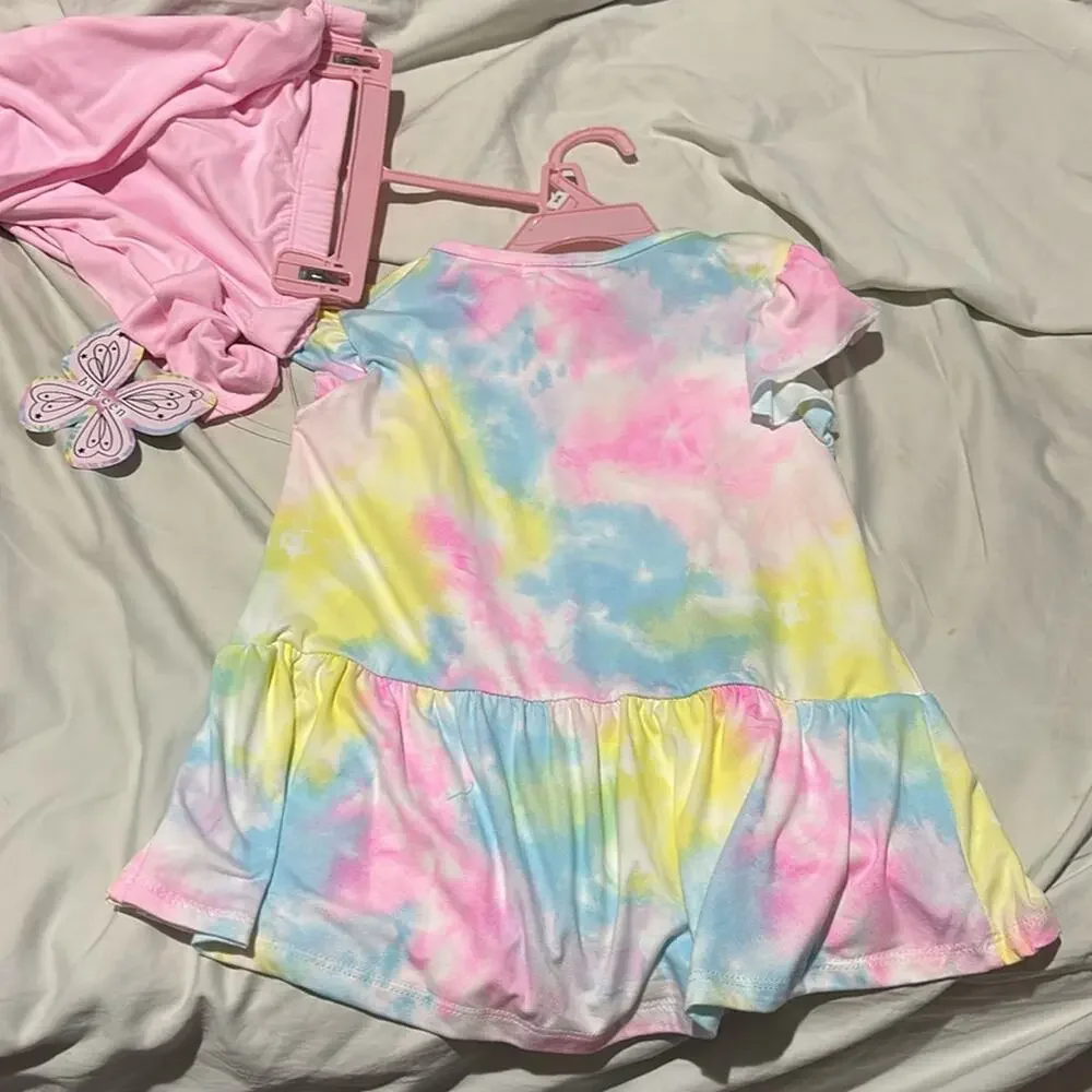 Btween 6x tye dye unicorn ruffled hemline top w/pink legging scrunchie nwt